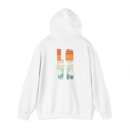 Back view of a white vintage love hoodie, showcasing beautiful retro graphics of palm trees and waves.