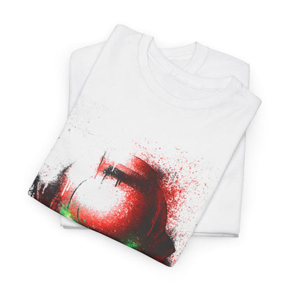 Two folded luxury unisex t-shirts displaying a striking red and green helmet design, each adorned with an artistic splatter effect, ideal for sophisticated casual wear.