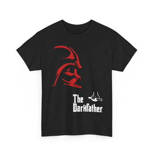 The Darkfather Star Wars Godfather Mashup Graphic T-Shirt, featuring a striking red silhouette of Darth Vader with bold typography, perfect for fans who appreciate cinematic elegance.