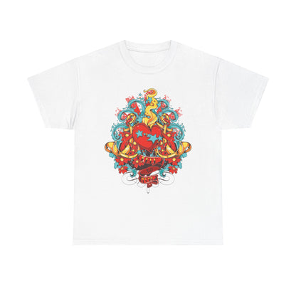 Luxurious white men's t-shirt featuring a vibrant heart design adorned with colorful swirls, stars, and floral elements, embodying a bold and artistic statement of love.