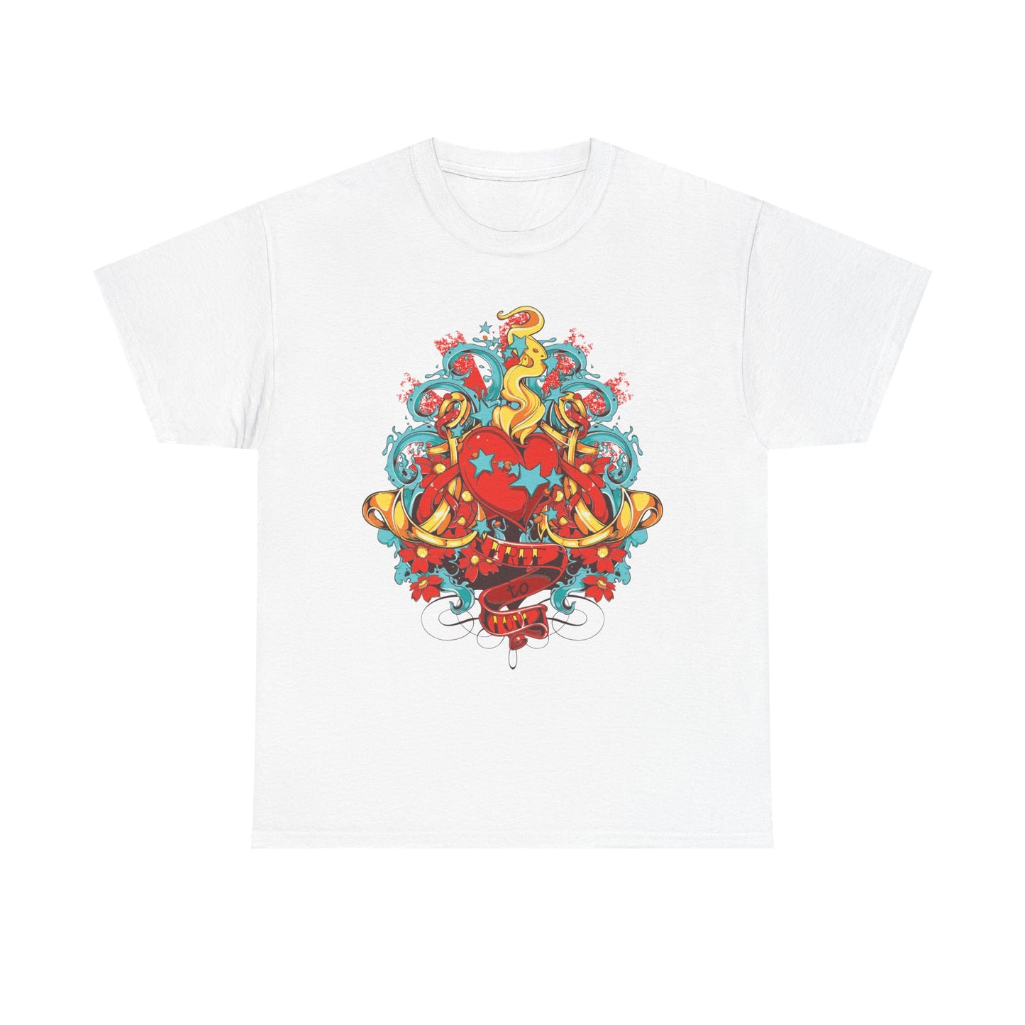 Luxury white men's T-shirt featuring a vibrant heart design, whimsical floral accents, and colourful graffiti artwork. Perfect for adding a stylish statement to any wardrobe.