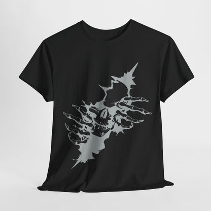 Unisex Ripped Skull Graphic Tee - Elegant black and white style showcasing a fierce skull with skeletal hands breaking through a torn surface, representing power and individuality.
