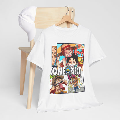 One Piece Manga T-Shirt elegantly styled on a chair with a cap, illustrating a captivating anime design, perfect for casual luxury wear.