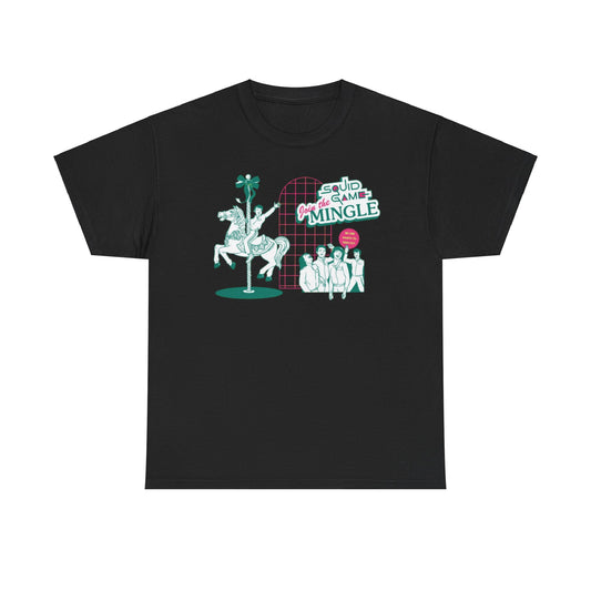 Stylish unisex Squid Game graphic t-shirt featuring playful design with characters and a carousel horse, perfect for making a bold fashion statement.
