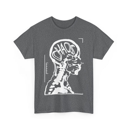 CHAOS Graphic Unisex T-Shirt in Premium Cotton, featuring a contemporary black and white X-ray illustration on a stylish dark grey backdrop.
