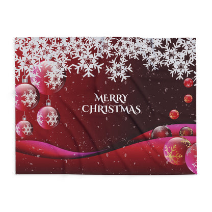 Decorative and Warm Christmas Arctic Fleece Blanket flat view displaying a unique winter scene and 'Merry Christmas' greeting, ideal for seasonal home decoration.