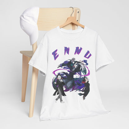 Chic white Enmu-inspired Demon Slayer T-shirt displayed stylishly alongside a cap on a wooden chair, highlighting its eye-catching graphic and vibrant design elements.
