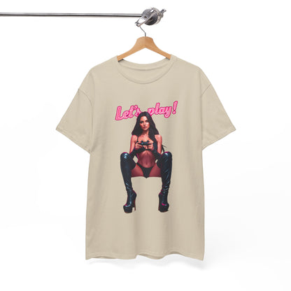 Chic unisex graphic t-shirt elegantly displayed on a hanger with a striking 'Let's play!' design, ideal for showcasing a luxurious gaming lifestyle.