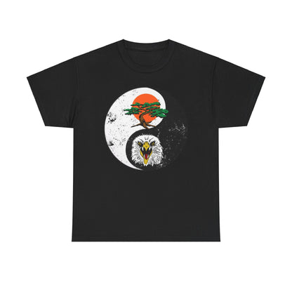 Luxury black graphic t-shirt featuring a striking yin-yang design, showcasing a vibrant bonsai tree under a rising sun and an aggressive eagle, perfect for martial arts enthusiasts.
