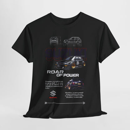 Sophisticated black Suzuki Forza T-shirt featuring striking graphic elements and the phrase 'ROAR OF POWER', ideal for automotive aficionados.