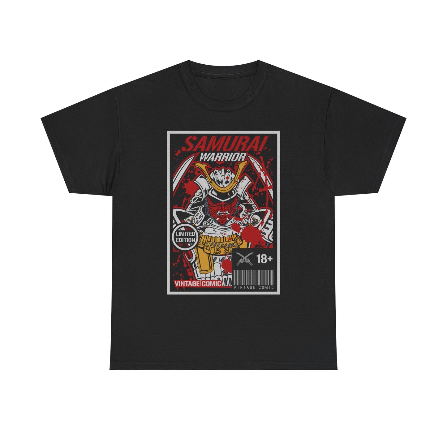 Stylish black men's T-shirt showcasing an eye-catching Samurai Warrior design in vibrant colours with a vintage comic aesthetic, ideal for bold expression.