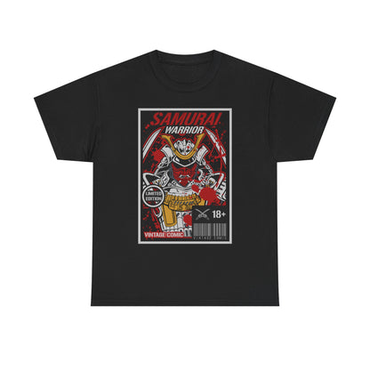 Stylish black men's T-shirt showcasing an eye-catching Samurai Warrior design in vibrant colours with a vintage comic aesthetic, ideal for bold expression.