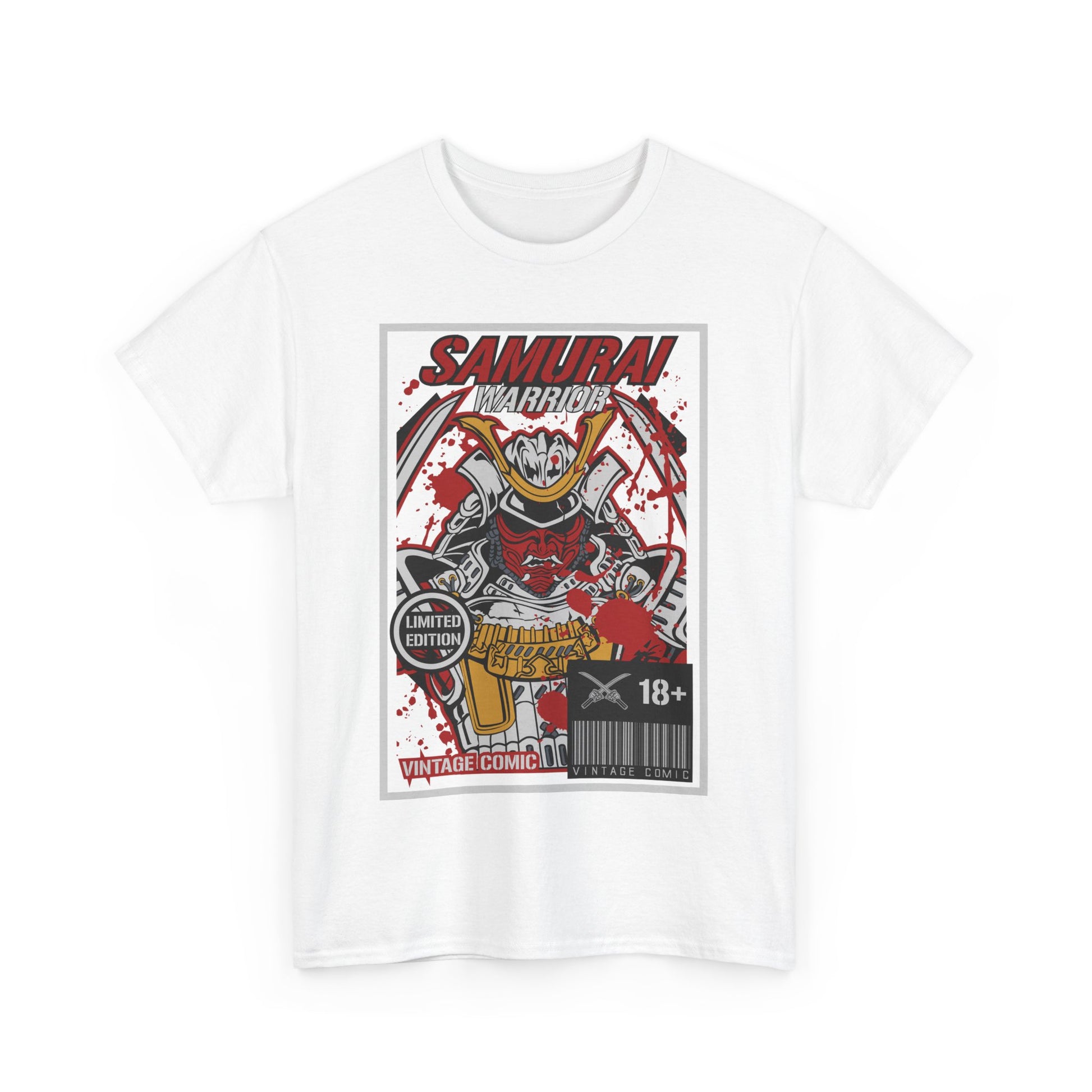 Stylish white t-shirt adorned with a bold vintage comic graphic of a Samurai Warrior, highlighting limited edition details and capturing the essence of artistic fashion.