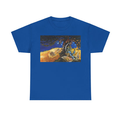 Discworld Reaper Man Graphic Unisex Tee in vibrant blue, showcasing a luxurious tribute to Terry Pratchett’s literary masterpiece, ideal for stylish enthusiasts.