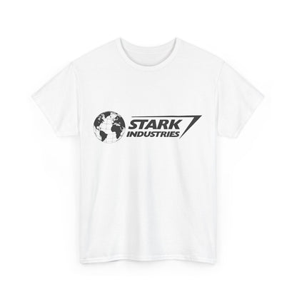 Iron Man Stark Industries Logo Graphic Unisex Graphic Tee Shirt in white, highlighting its iconic logo and luxurious design.