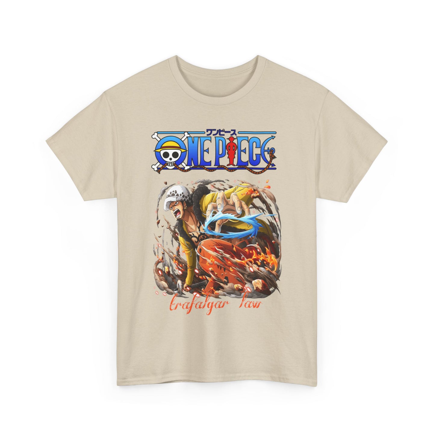 Fashion-forward men's t-shirt featuring an exquisite illustration of Trafalgar Law from One Piece, combining anime artistry with luxurious wardrobe appeal.