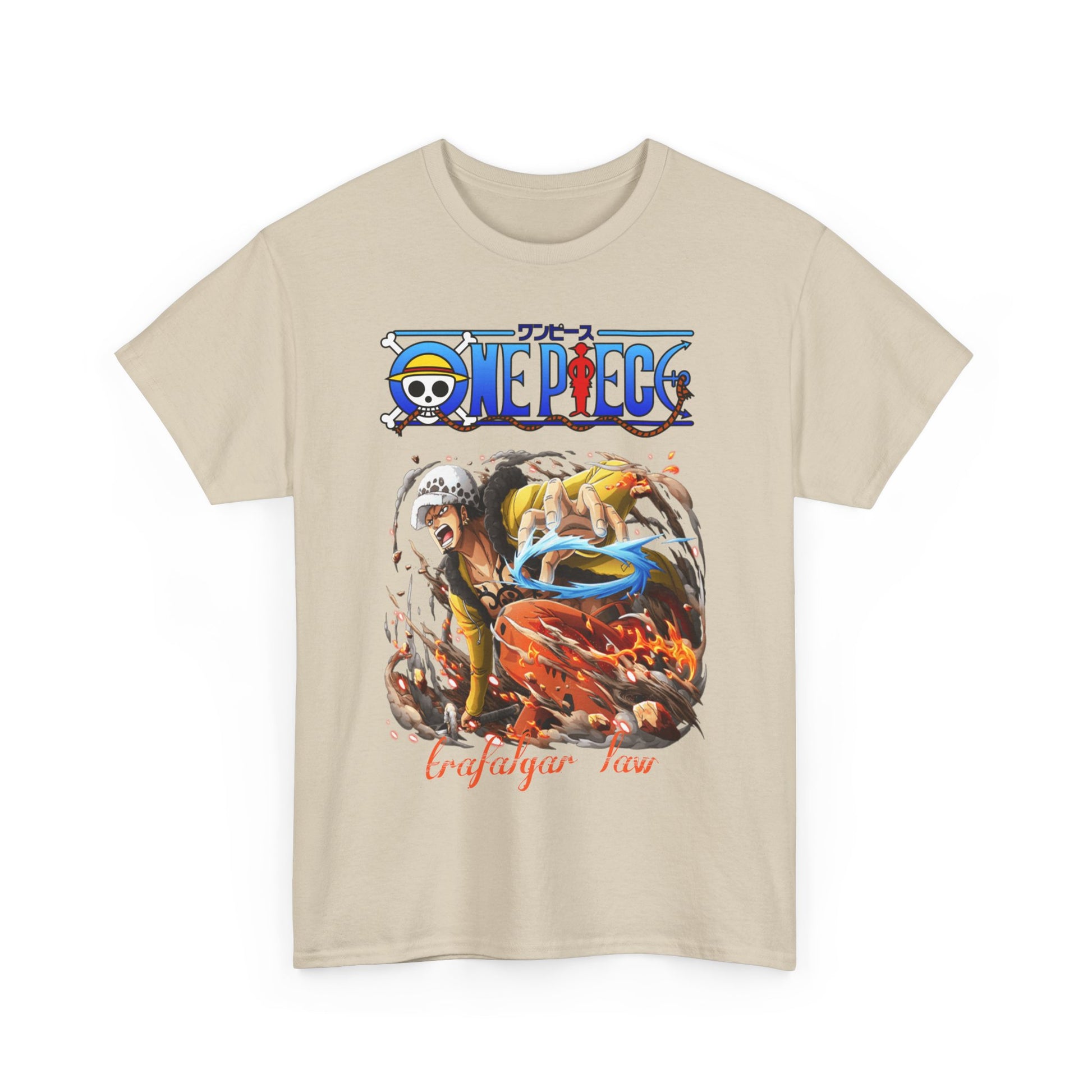 Fashion-forward men's t-shirt featuring an exquisite illustration of Trafalgar Law from One Piece, combining anime artistry with luxurious wardrobe appeal.