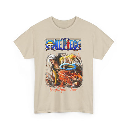 Fashion-forward men's t-shirt featuring an exquisite illustration of Trafalgar Law from One Piece, combining anime artistry with luxurious wardrobe appeal.