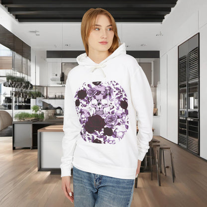 Unisex Lightweight Hooded Sweatshirt featuring unique designer skull and roses, modelled in a stylish setting, showcasing its luxurious design and comfort.