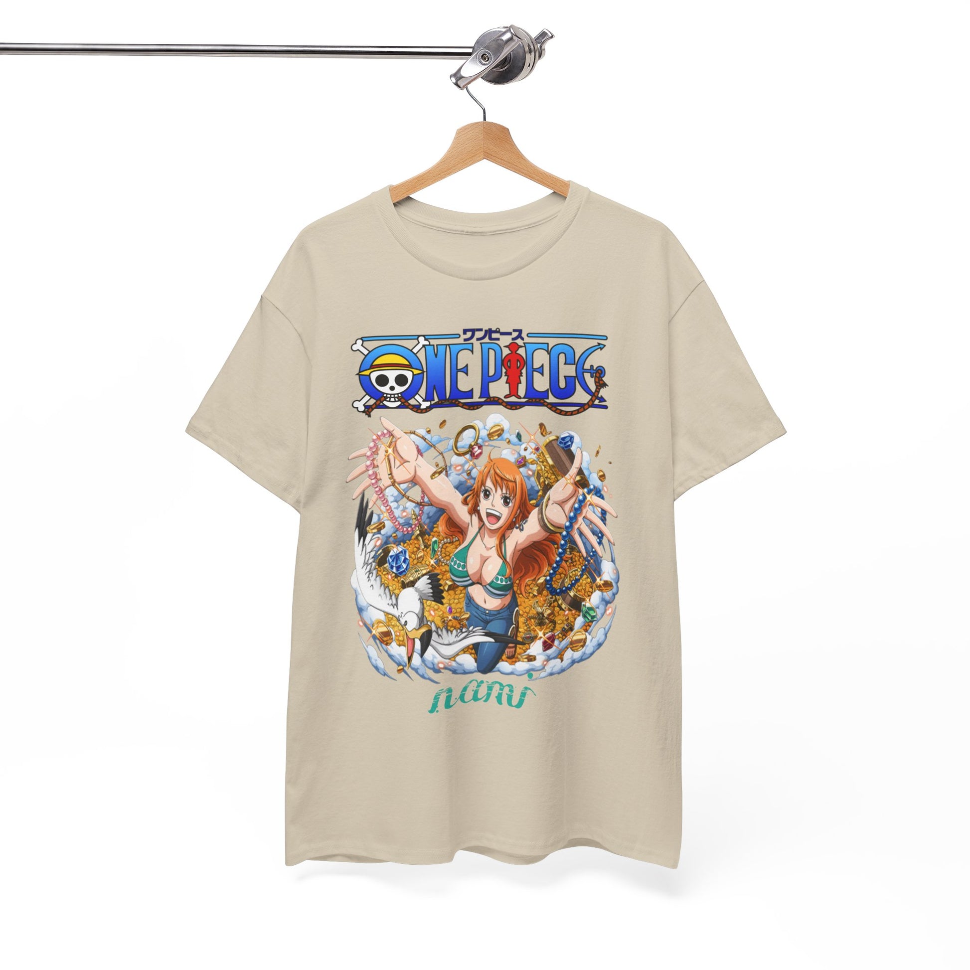 Luxurious men's t-shirt featuring an exquisite anime illustration of Nami from One Piece, adorned with golden treasures and joyful elements, perfect for anime enthusiasts and style connoisseurs.