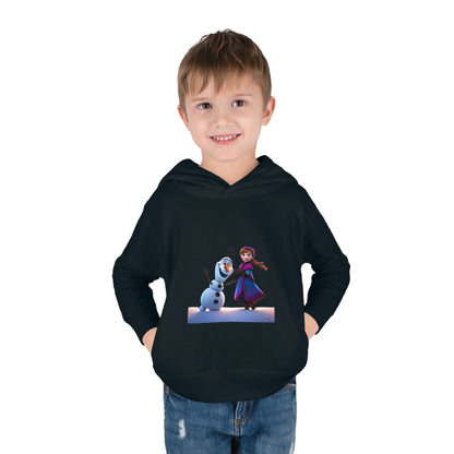 Elegant Girls Olaf Frozen Hoodie showcasing delightful imagery of Olaf alongside Anna, designed for ages 2 to 5 years, ideal for a stylish winter wardrobe.