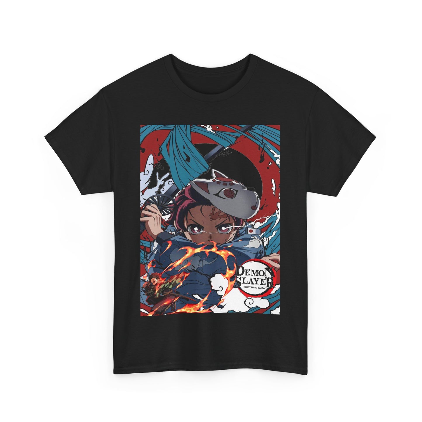 Stylish black Demon Slayer T-Shirt featuring an artistic depiction of Tanjiro Kamado, offering a sophisticated take on anime apparel.