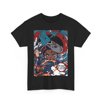 Stylish black Demon Slayer T-Shirt featuring an artistic depiction of Tanjiro Kamado, offering a sophisticated take on anime apparel.