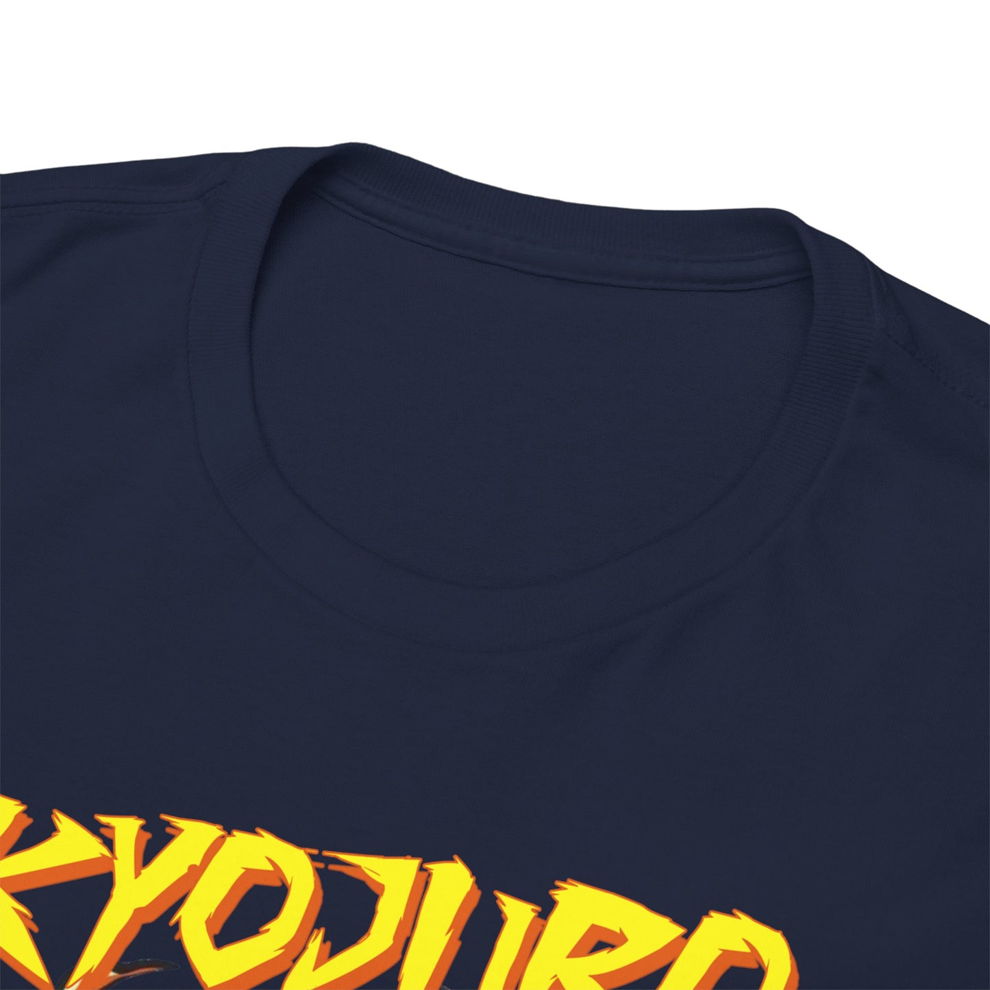 Close-up of a premium Kyojuro Rengoku t-shirt neckline, detailing luxurious fabric and striking typography for the discerning anime aficionado.