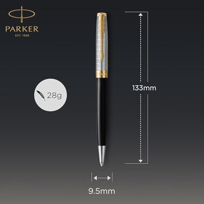 PARKER Sonnet Ballpoint Pen | Premium Metal and Black Gloss Finish with Gold Trim | Medium Point with Black Ink Refill | Gift Box