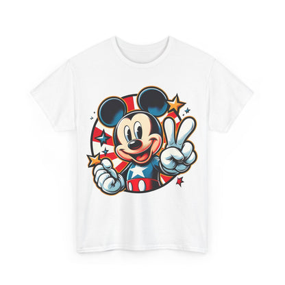 Front view of a vibrant Mickey Mouse Pop Art Graphic unisex tee shirt featuring a stylised Mickey Mouse in a patriotic design.