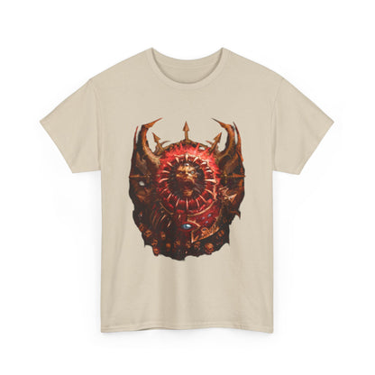 Chic beige t-shirt with an artistic Warhammer print, highlighting a captivating shield and a mythical entity, tailored for lovers of distinctive gaming-inspired apparel.
