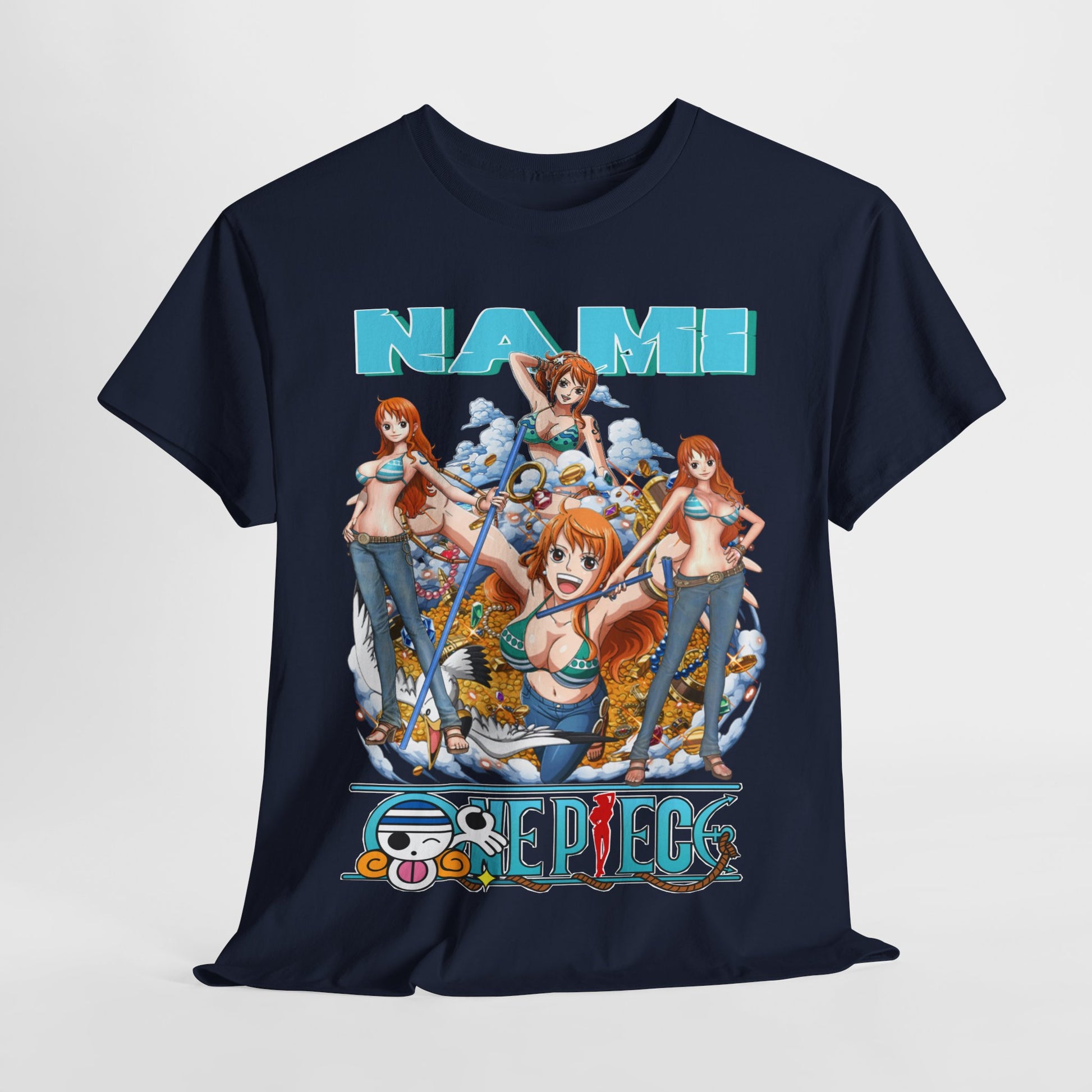 Chic Nami Anime T-Shirt elegantly laid out, capturing the essence of adventure and style with eye-catching graphics, a must-have for any anime lover.