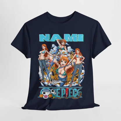 Chic Nami Anime T-Shirt elegantly laid out, capturing the essence of adventure and style with eye-catching graphics, a must-have for any anime lover.