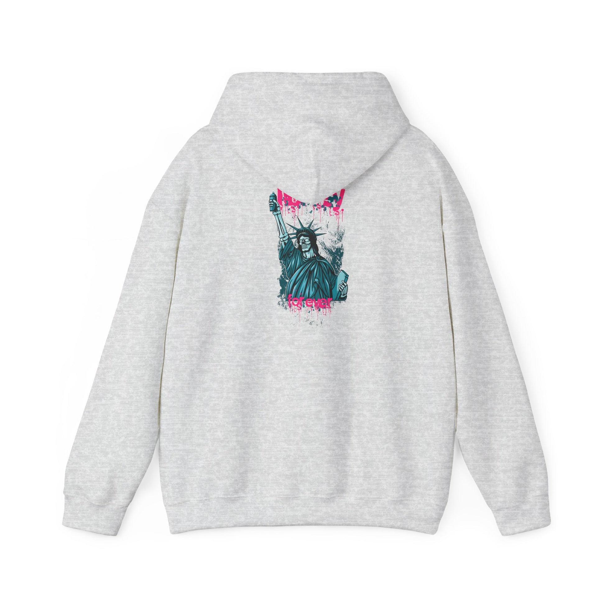 Rebellious hoodie with a stunning back print showcasing an urban-style Statue of Liberty design in vibrant turquoise and pink, perfect for a luxurious statement look.