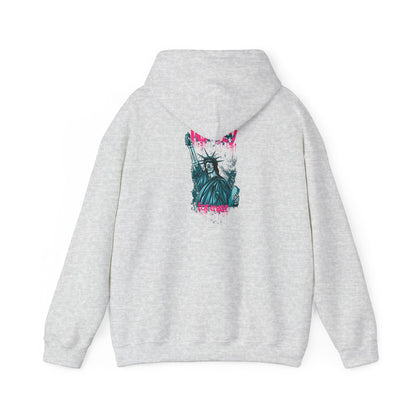 Rebellious hoodie with a stunning back print showcasing an urban-style Statue of Liberty design in vibrant turquoise and pink, perfect for a luxurious statement look.