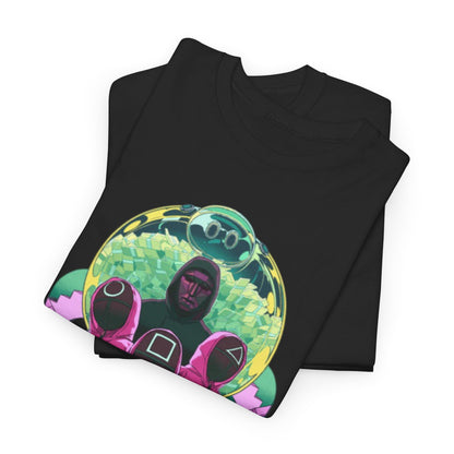 Premium stacked black t-shirts featuring a luxurious graphic design inspired by a famous survival narrative, elegantly showcasing key characters with striking colours.