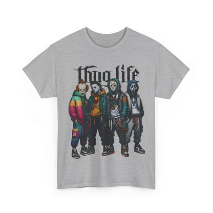 Luxury Thug Life Horror Characters Graphic T-Shirt in heather grey, presenting notable horror figures in stylish street attire.