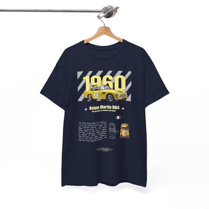 Stylish Aston Martin DB4 GT Zagato men's t-shirt displayed on a hanger, showcasing the striking yellow graphics and premium quality material.