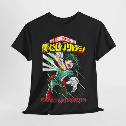 High-quality black T-shirt with striking illustration of Izuku Midoriya from 'My Hero Academia', suitable for fashionable anime enthusiasts.