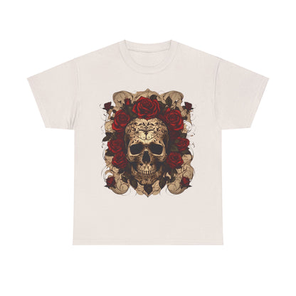 Skulls and Roses Cotton Tee, Unisex Graphic Shirt in a light beige tone, displaying a captivating skull and rose artwork for an alternative fashion statement.