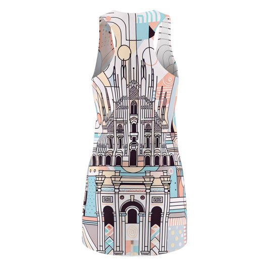 Close-up view of the Alessia Castellani Milan Racerback Dress highlighting its luxurious fabric and intricate pastel pattern that captures the essence of Milan's vibrant architecture and artistic charm.