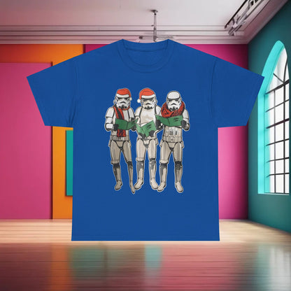 Chic Carol Singing Stormtroopers Star Wars Graphic T-Shirt in bold blue, showcasing a whimsical illustration of Stormtroopers in holiday attire, ideal for style-savvy fans.