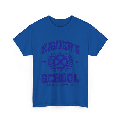 Xavier's School for Gifted Youngsters X-Men logo graphic unisex tee shirt in vibrant blue, showcasing a stylish design ideal for fans of comic culture.