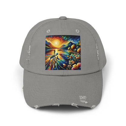Unisex Distressed Paddleboarders Cap in light grey adorned with a colourful paddleboarding scene, ideal for sun protection and outdoor enthusiasts.