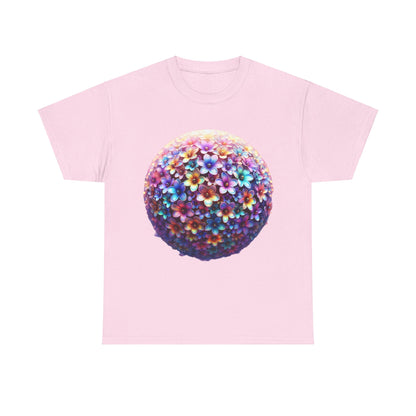 Iridescent Floral Sphere Unisex Cotton Tee Graphic T Shirt showcasing a stunning floral sphere design on a soft pink backdrop, perfect for a sophisticated casual look.