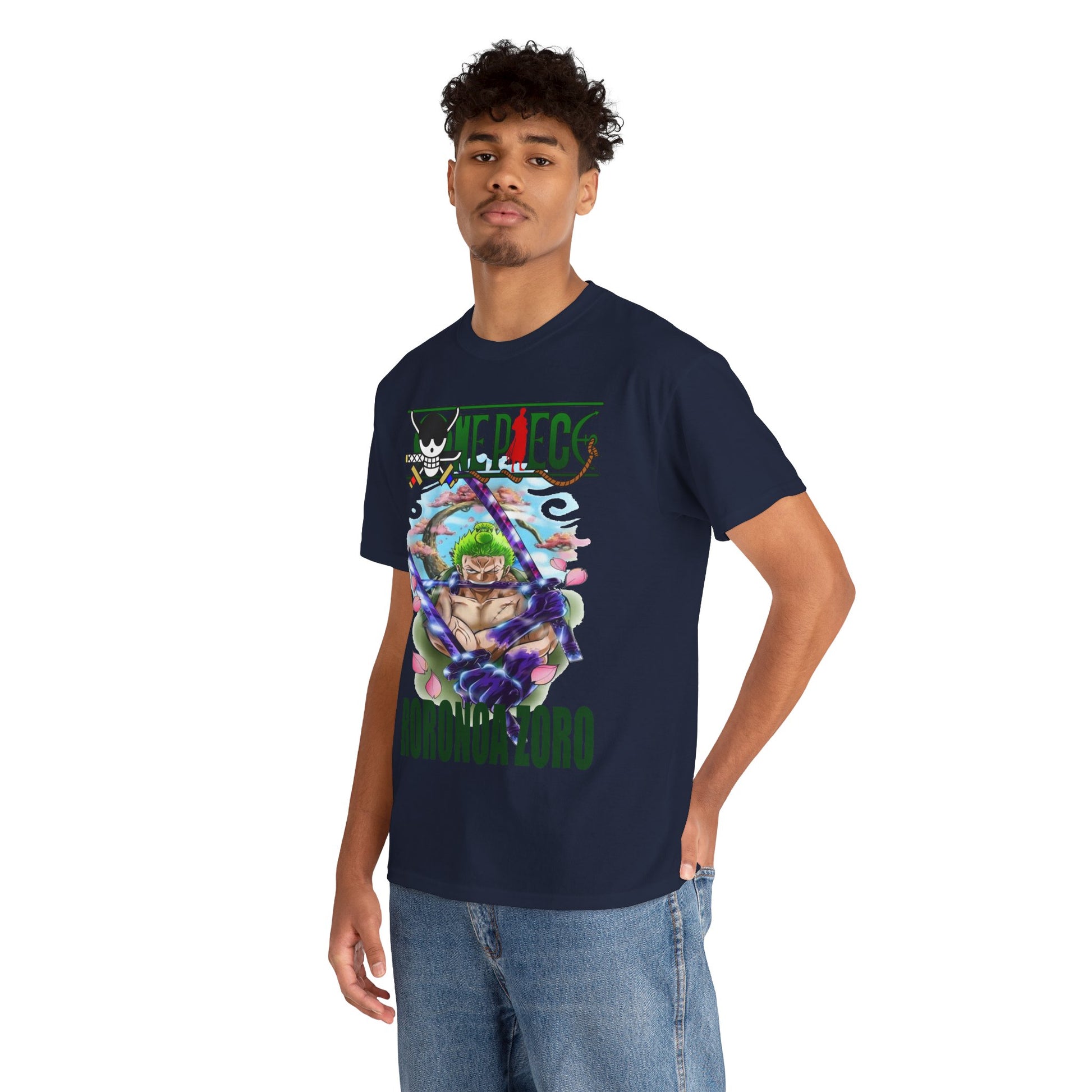 Elegant Roronoa Zoro graphic tee showcased on a model, featuring a dynamic illustration of the character with vibrant colours, perfect for anime enthusiasts.