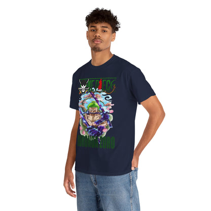 Elegant Roronoa Zoro graphic tee showcased on a model, featuring a dynamic illustration of the character with vibrant colours, perfect for anime enthusiasts.