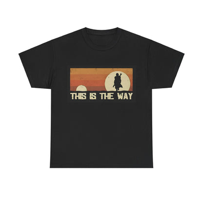 Mandalorian This is the way Star Wars Graphic Unisex Tee Shirt featuring a vintage-style design with a silhouette of The Mandalorian against a sunset backdrop, ideal for fans seeking luxury in casual wear.
