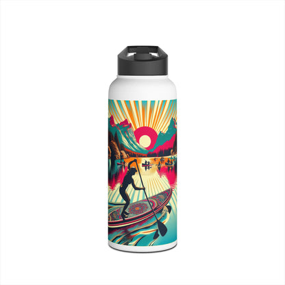Fantasy Paddleboarding Stainless Steel Water Bottle featuring a vibrant design of a paddleboarder against a stunning sunset backdrop, combining luxury with adventure.