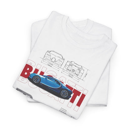 Chic folded Bugatti Chiron men's t-shirt, displaying spectacular designs and technical schematics, perfect for automotive enthusiasts.